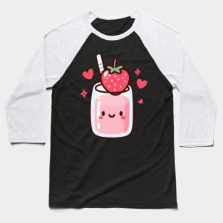 Cute Kawaii Strawberry Milkshake with a Smiley and Hearts | Design for Kawaii Lovers Baseball T-Shirt